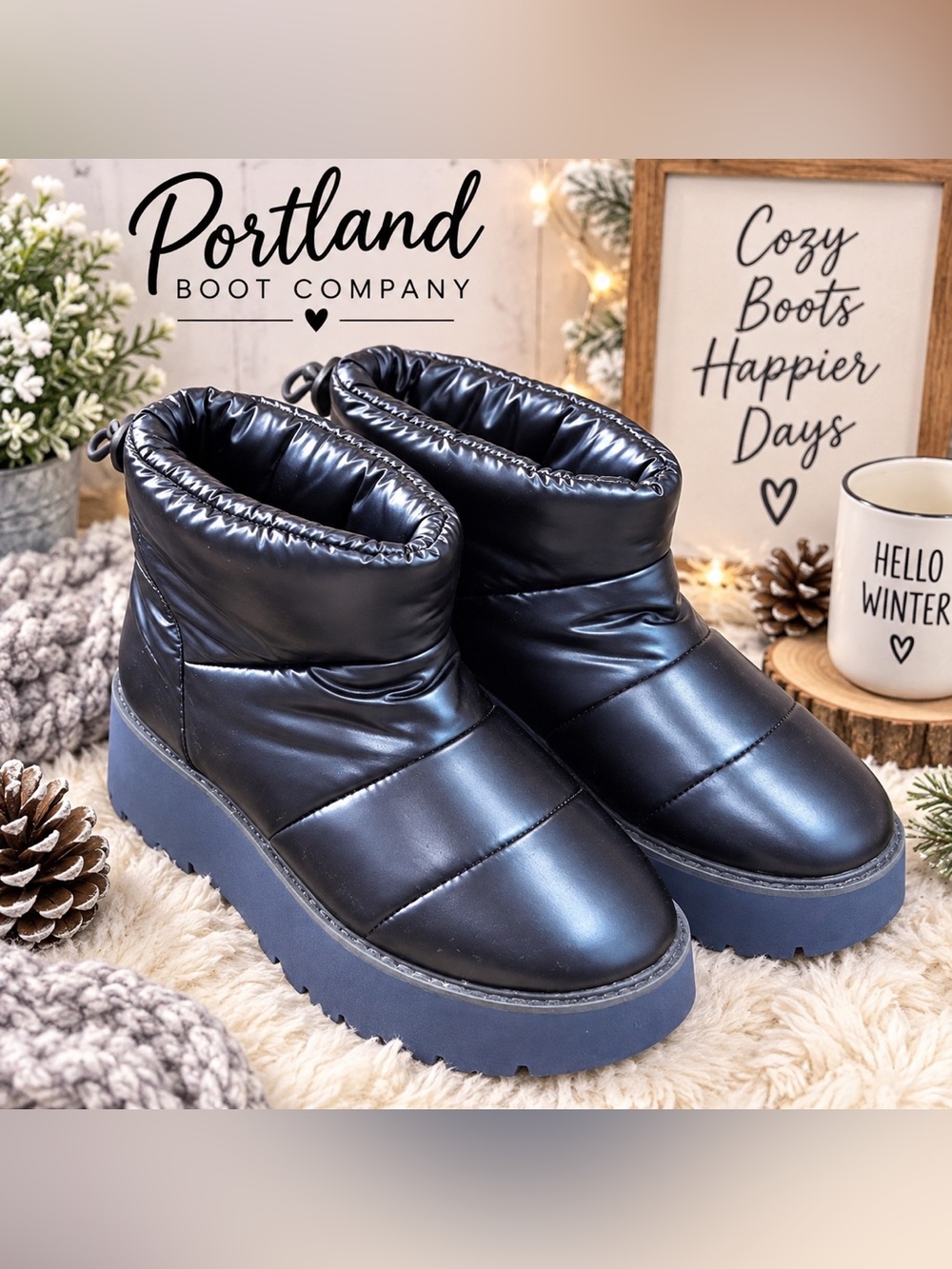 Portland Boot Company Metallic Puffer Cozy Booties Navy Blue Size 9 EUC